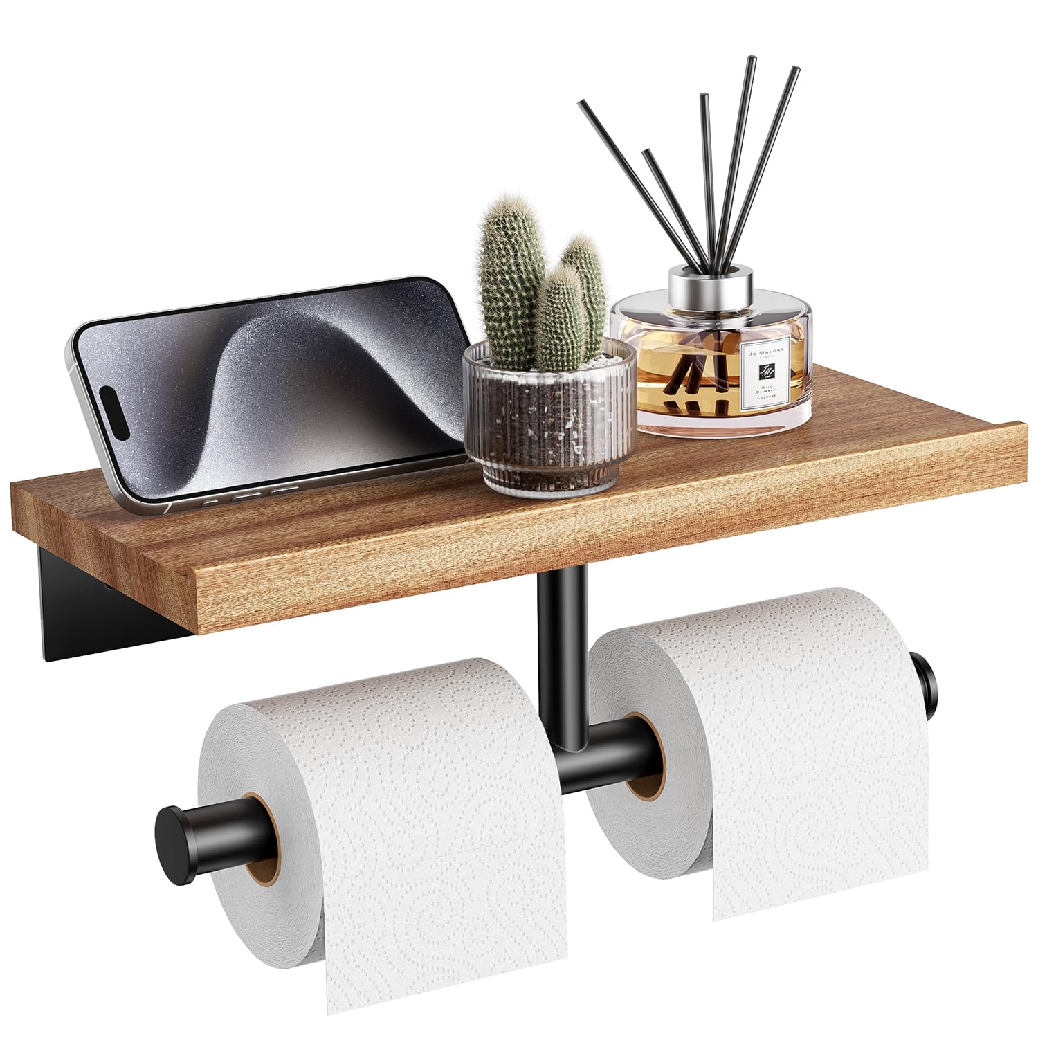 Tindbea Toilet Paper Holder with Wood Shelf, Wooden Wall Mount Tissue Paper Roll Holder, Matte Black Stainless Steel Bathroom Accessories Decor Household Home Apartment Restroom Essentials (Walnut) — Amazon image 12