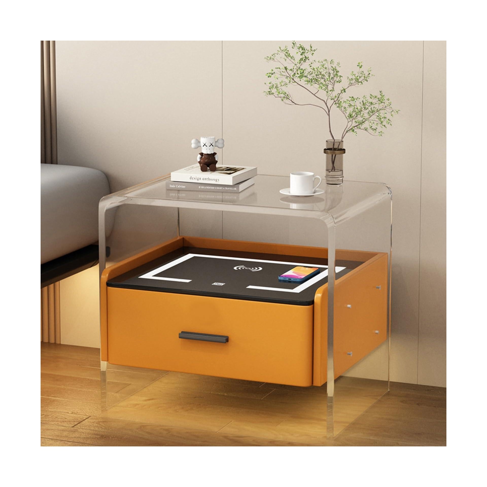 BHGFYXBS Nightstand Led Bedside Table Smart Drawers Nightstand With Charging Station, Acrylic End Table Cabinet With Led Light Strip For Bedroom,Fingerprint Lock-C,Fingerprint Loc,Fingerprint Lock-E