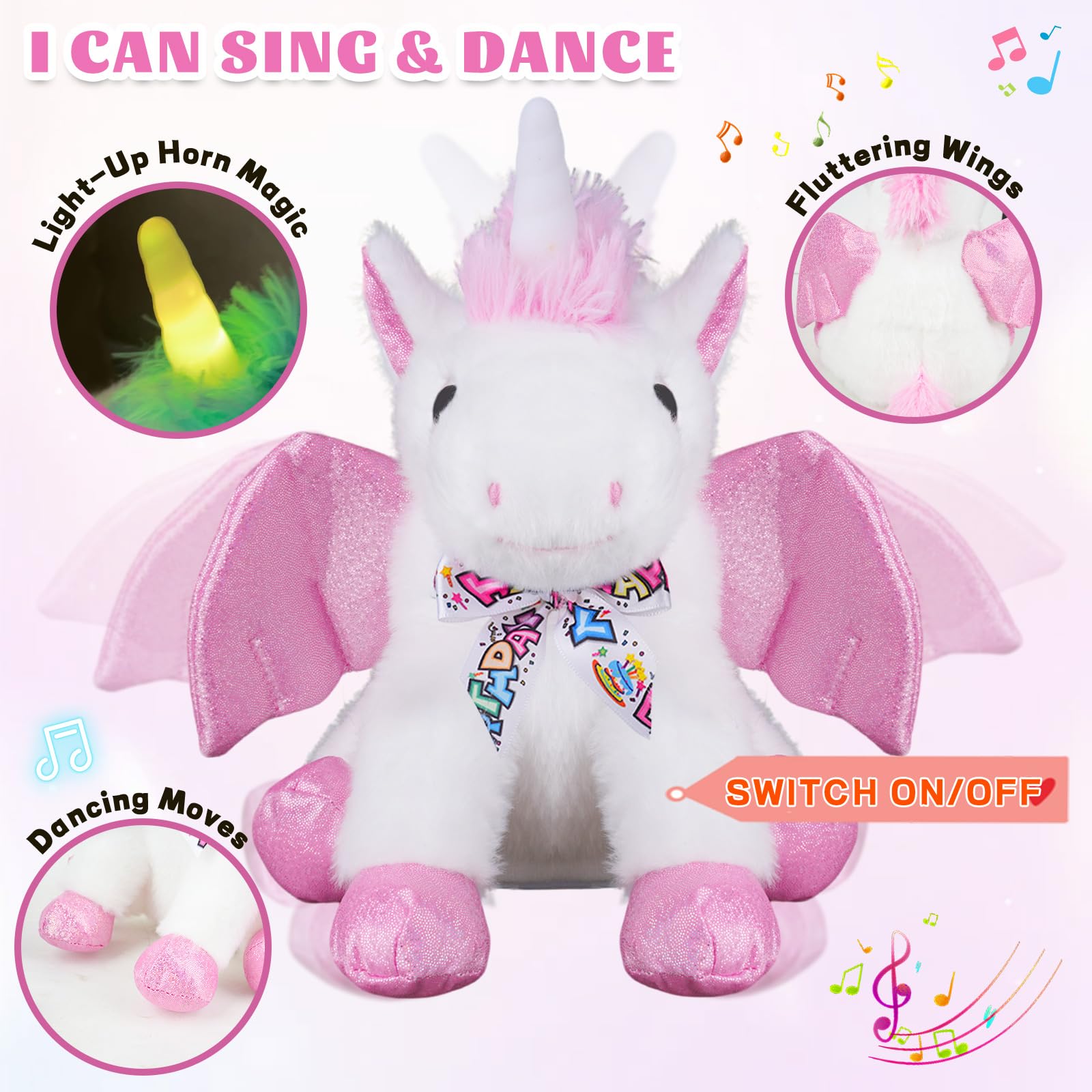 Happy Birthday Gifts - Peluche a forma di unicorno con la canzone di buon compleanno, unicorno con ali mobili, regalo per feste per bambini, ragazzi, ragazze, bambini, 28 cm, rosa