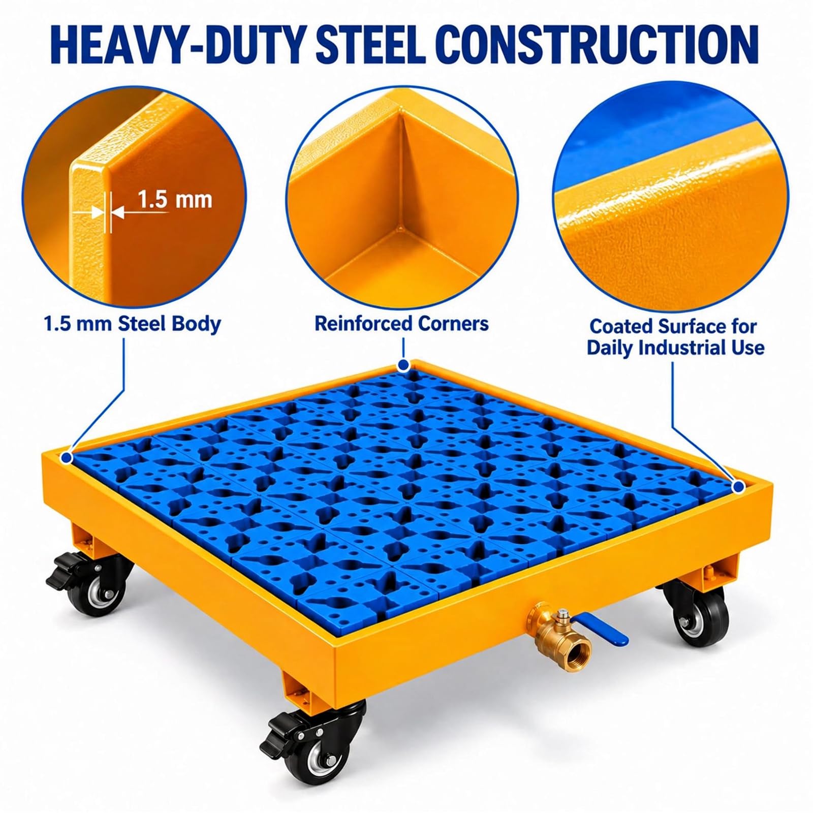 COYEUX Plateforme Mobile De Rétention des Déversements pour Fût Unique, Plateforme Modulaire À 4 Roues avec Grille Et Drain, en Acier De 1,5 Mm Dépaisseur, pour Garages, Ateliers Et Entrepôts.