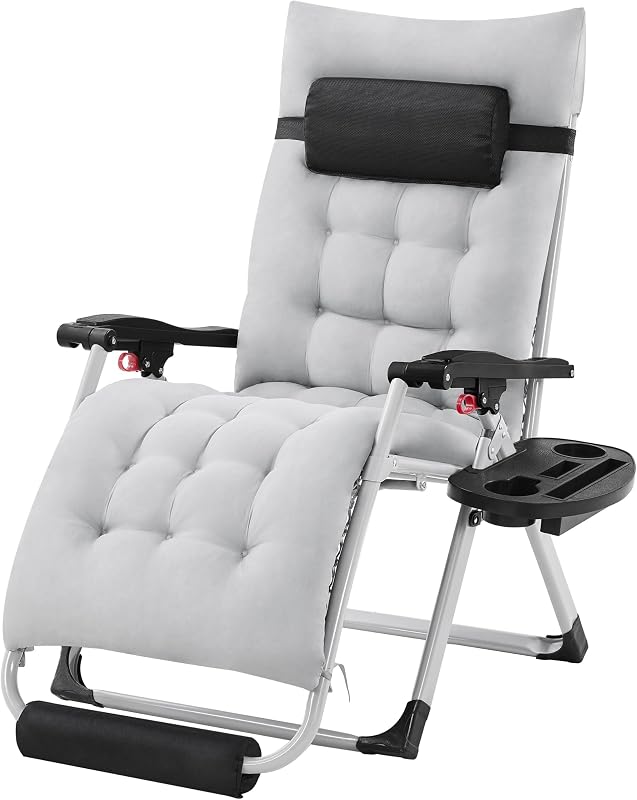 26" Zero Gravity Chair Adjustable, with Removable Cushion, Gray | Folding Reclining Lounge Recliner with Removable Headrest & Side Cup Holder Tray for Indoor and Outdoor