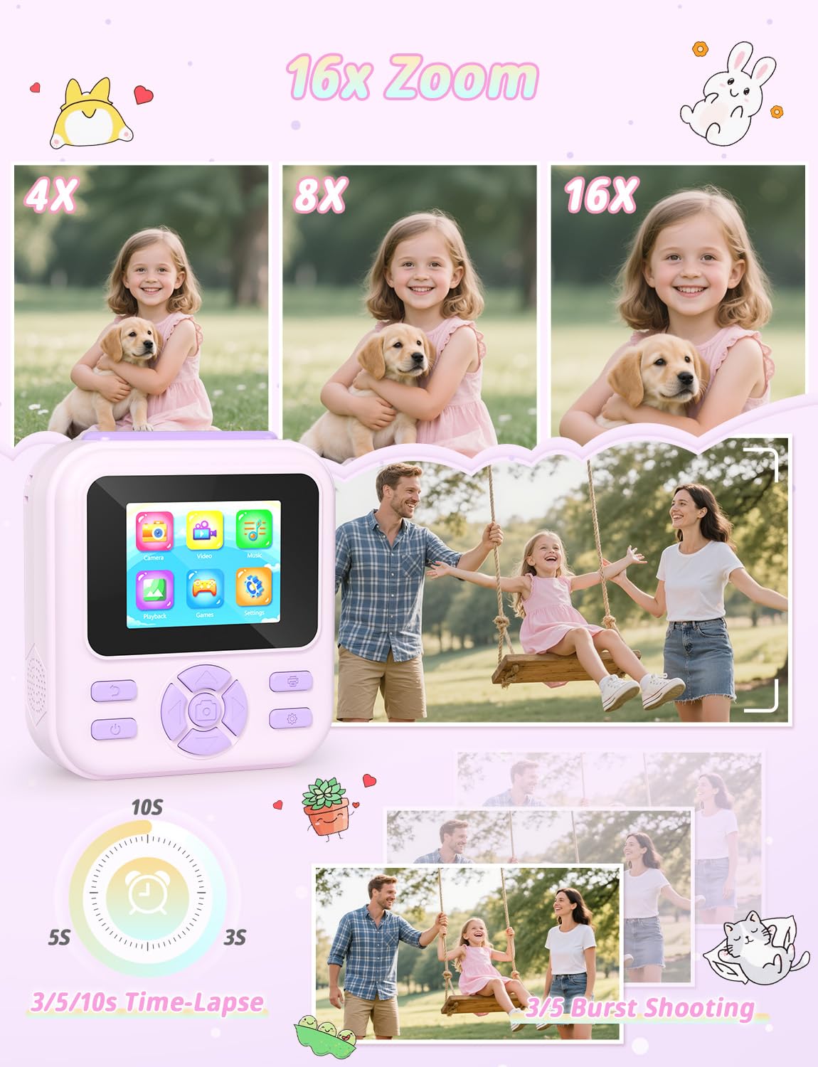 YOHOOLYO Aparat do natychmiastowego druku dla dzieci, cyfrowy aparat natychmiastowy 2,4 cala dla dzieci z kartą 32 GB i 3 rolkami papieru, cyfrowe zabawki wideo 1080P HD, prezenty urodzinowe dla