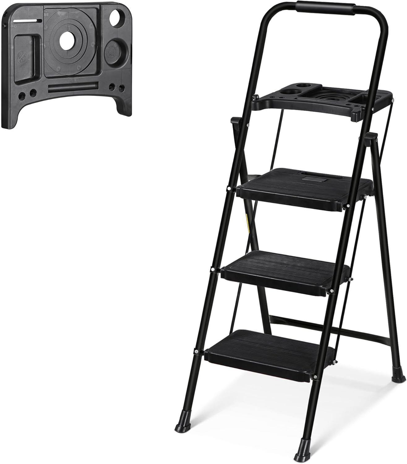JungleA Step Ladder Folding 3 Step Stool with Tool Tray, Wide Non-Slip Pedal and Sturdy Steel Construction, 330 lbs Portable Ladders for Home, Attic, Office & Garage, Black