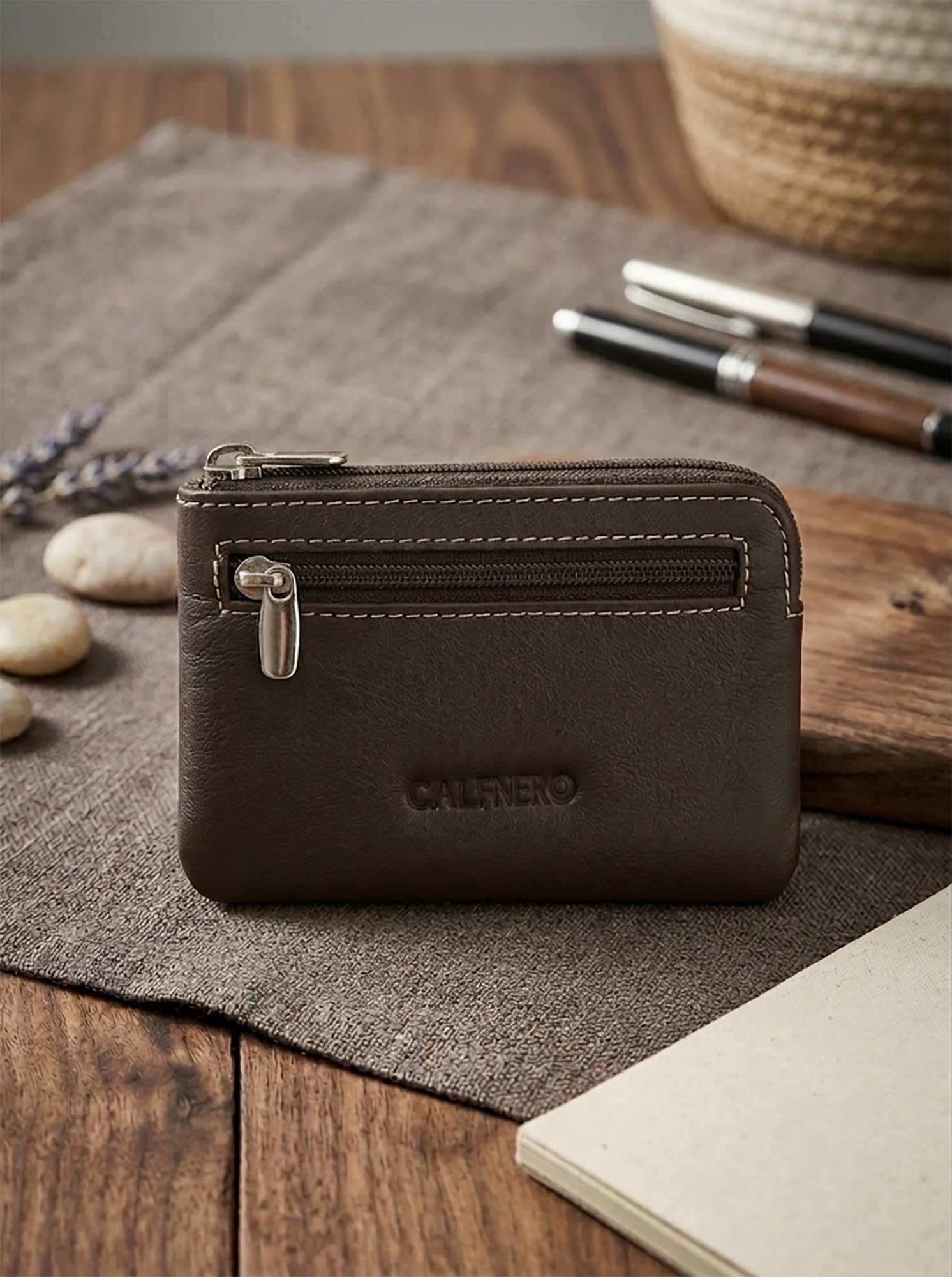 CALFNERO Genuine Leather Key Case & Coin Purse for Men and Women | Premium Chocolate Leather Key Holder Wallet with Zipper | Compact Key Organizer, Coin Pouch & Cash Holder | Unisex Everyday Carry 1
