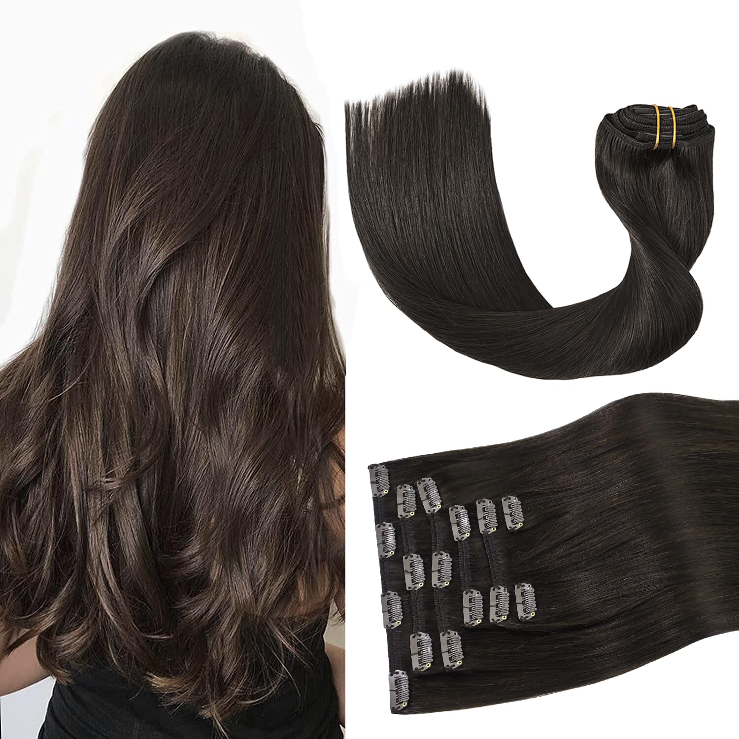 Dark Brown Hair Extensions Real Human Hair Clip in Hair 120G Dark Brown 100% Soft Silky Straight 7pcs 20inch