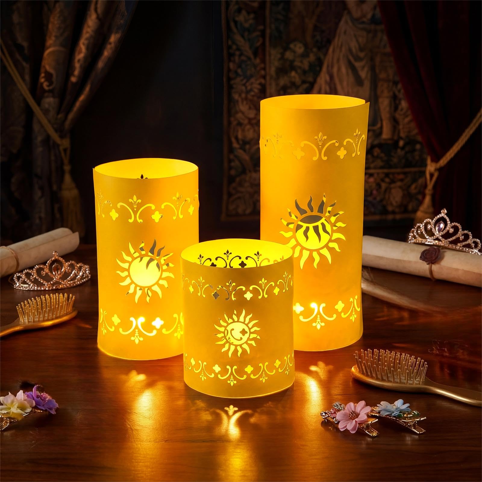 Lot de 12 lanternes solaires de princesse pour table - 3 tailles - Lanternes en papier doré avec bougies chauffe-plat pour soleil, anniversaire, fête prénatale, fête de mariage