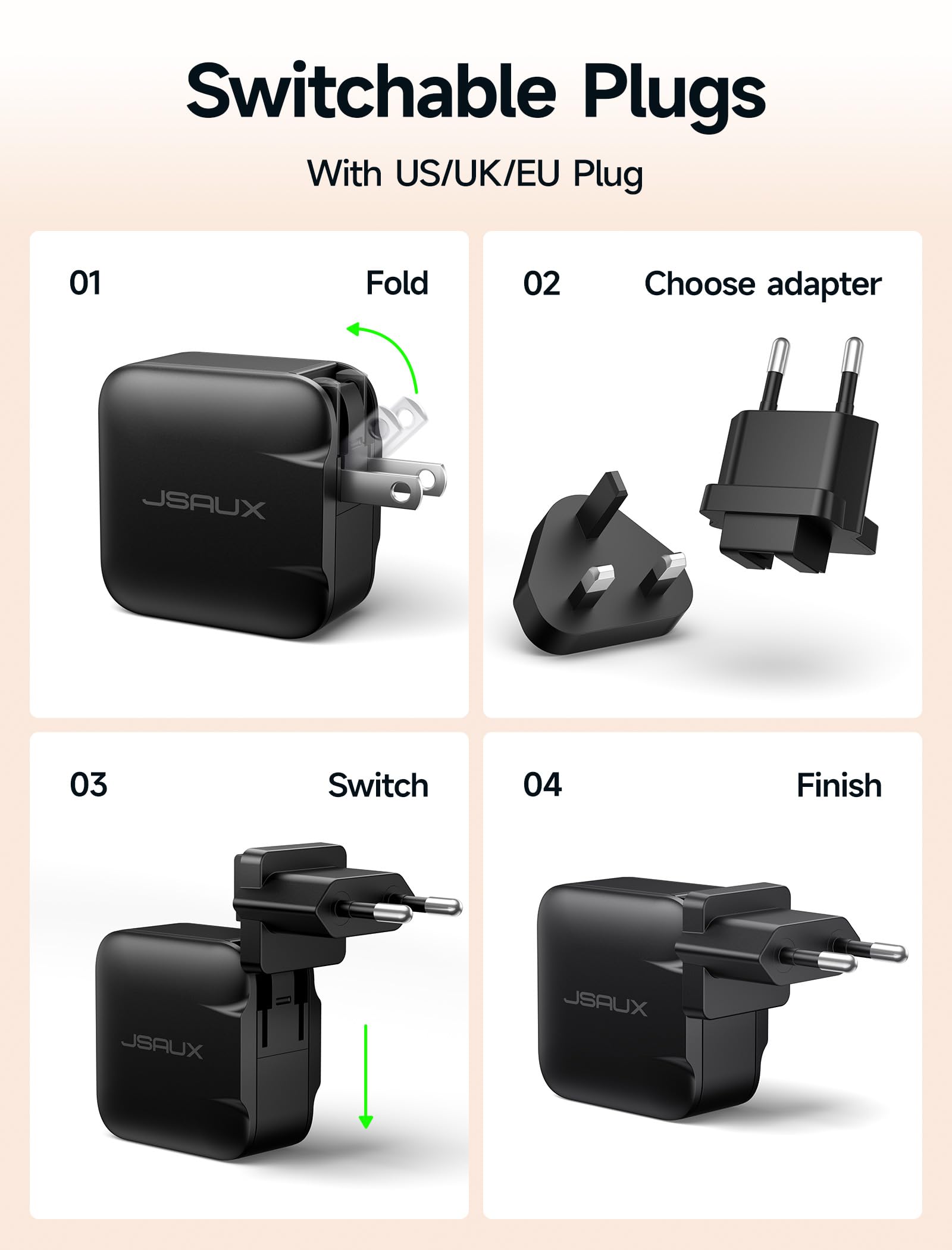 JSAUX Caricatore USB C da 65W per Nintendo Switch 2, alimenta in modalità TV, con spine EU/UK e cavo da 2 m, ricarica rapida per console, smartphone, tablet e laptop – Nero