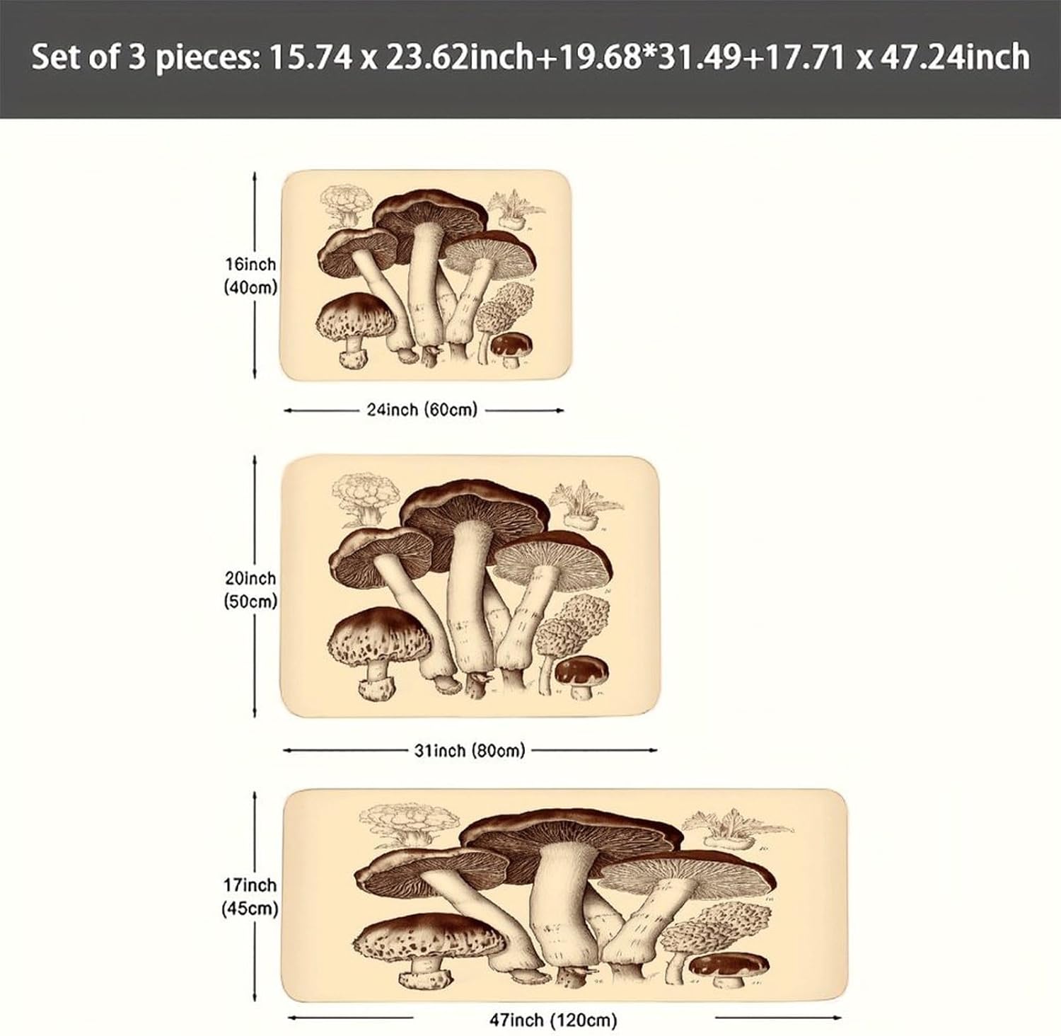 Vintage Mushrooms Drawing2 Kitchen Mats for Floor 3PCS Waterproof Low-Profile Kitchen Rugs Floor Mat Non Slip Anti Fatigue Mats Comfort Standing Mat Runner Rug Area Rug 6"x24"+20"x31"+17"x47"