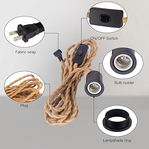 Miniatura 3 de Lámpara colgante con cable de enchufe, kit de lámpara vintage de cuerda de cáñamo, cables de linterna trenzados con interruptor de repuesto