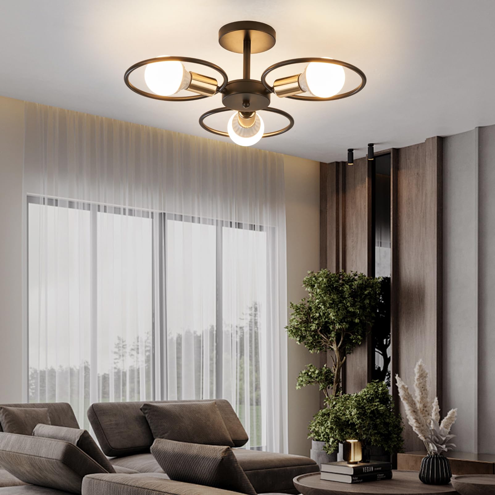 BRIMETI Vintage Industrial Ceiling Lamps Sputnik Ceiling Light Bulb E27 3 Lights Modern Black Retro Ceiling Lamps for Living Room, Bedroom, Dining Room, Kitchen Without Bulb (Black Gold)