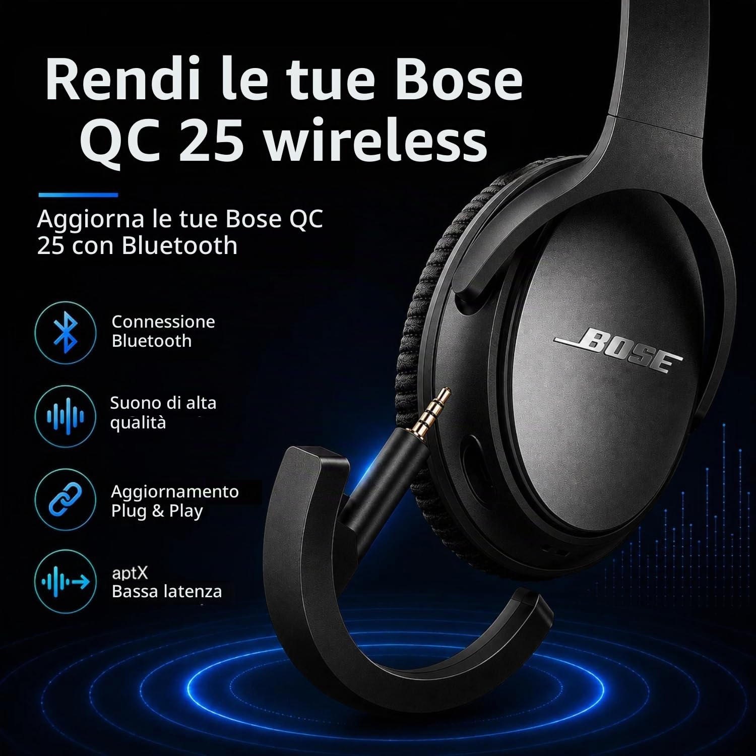 Adattatore Bluetooth wireless per cuffie Bose QuietComfort QC 25 con controllo del volume e microfono Nero + microfono.