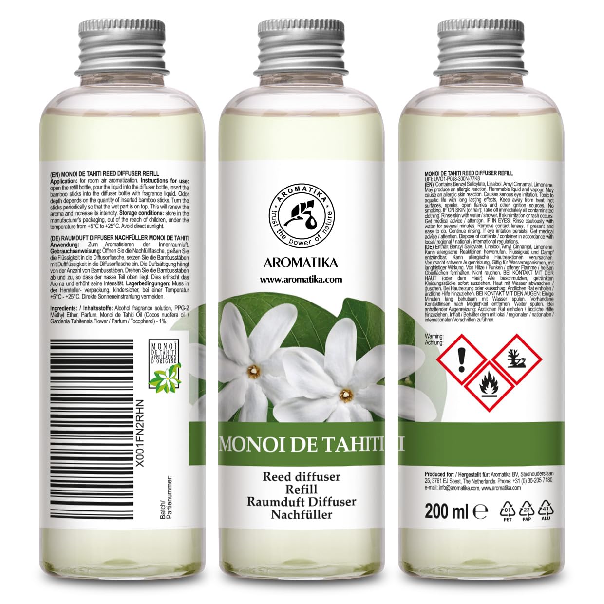 Raumduft Diffuser Nachfüller Monoi de Tahiti & Vanille & Jasmin 600ml - 3x200ml - Nachfüller Set für Duftdiffusor - Reed Diffuser Refill - Raumbeduftung - Zimmerduft - Diffuser Nachfüllen - Raumluft