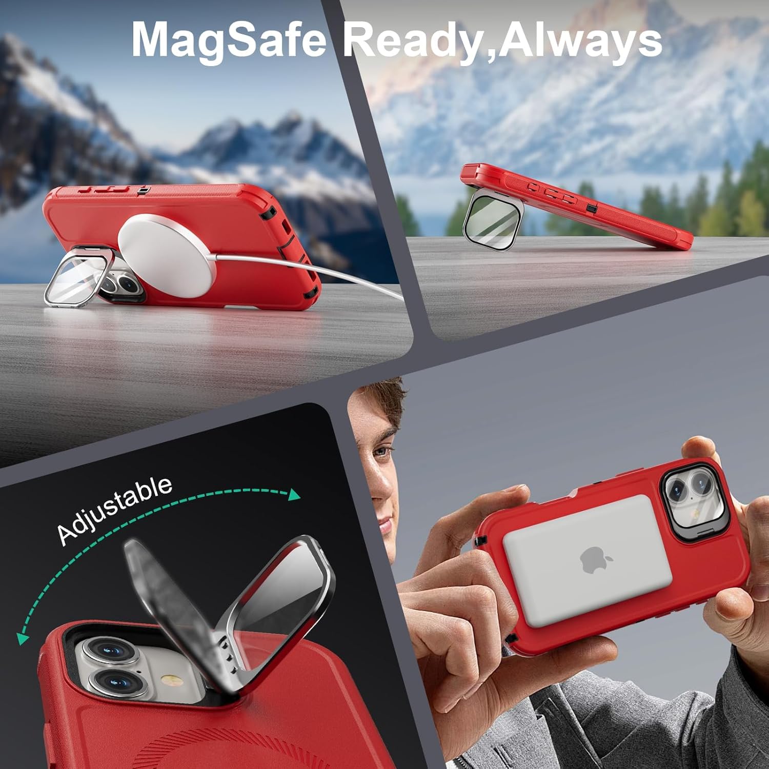 Follaroma for iPhone 16 Case with Stand & Built-in Camera Cover, MagSafe Compatible, Heavy-Duty Shockproof Protection, Magnetic & Rugged Phone Cover for iPhone 16 6.1'', Red