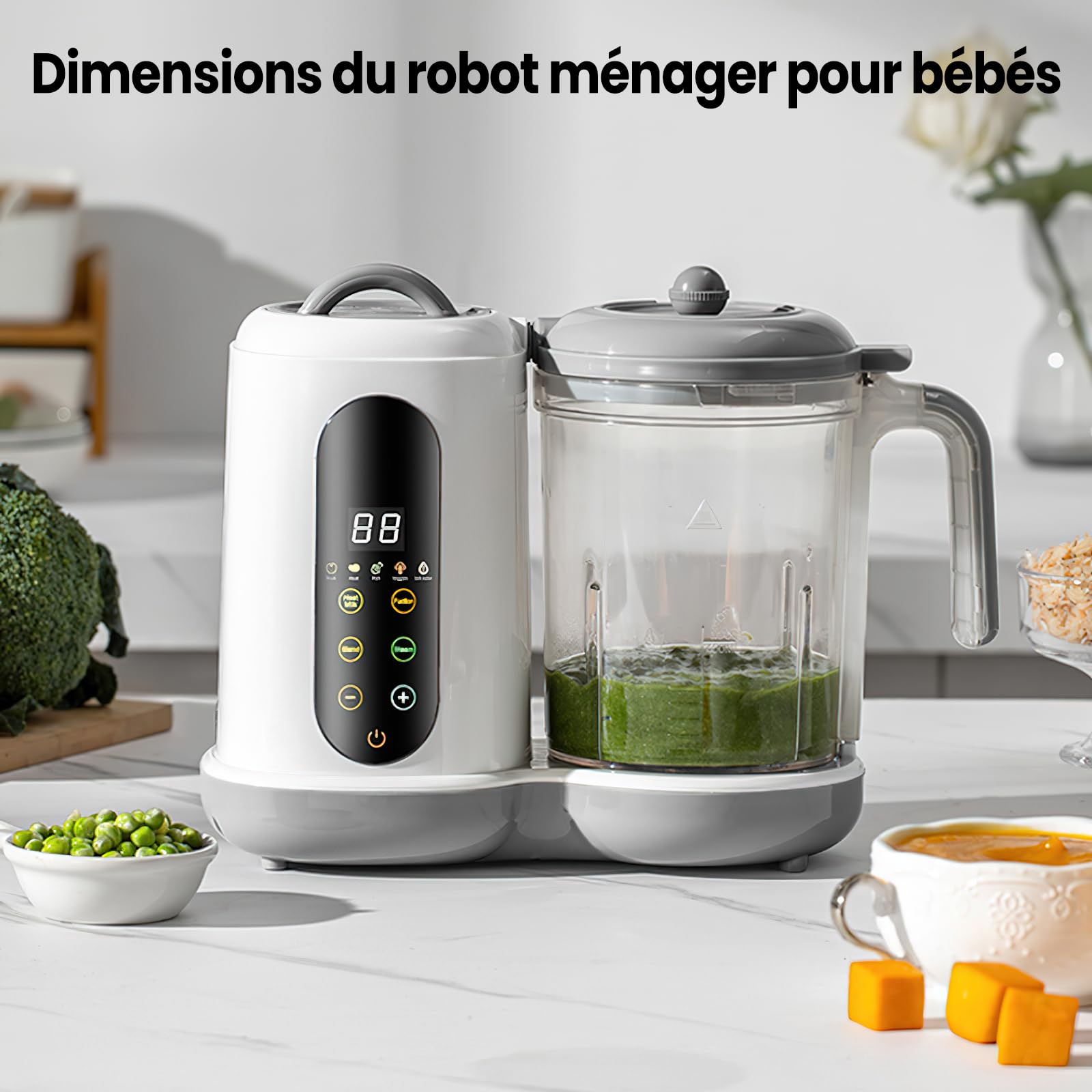 Robot Cuiseur Bebe, Cuiseur Vapeur Mixeur, Grande Capacité 400ML, Petits Pots Bébé Faits Maison, Mixeur Bebe,Nettoyage Automatique, Écran Tactile, pour Mixer et Réchauffer Les Aliments pour Bébés