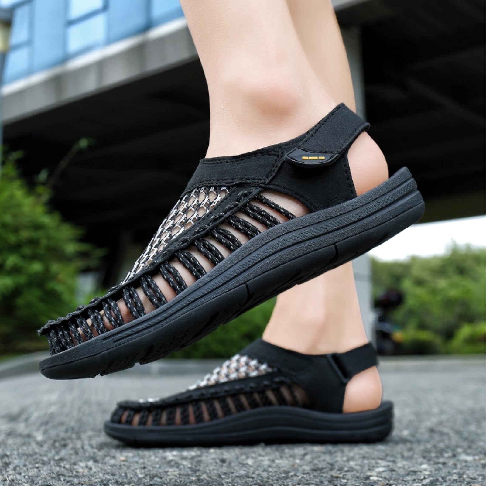 Sandalias De Verano La Moda Los Hombres Casual Al Aire Libre Apuestas Playa Tejidas A Mano Tamaño Grande para Hombres-black-46