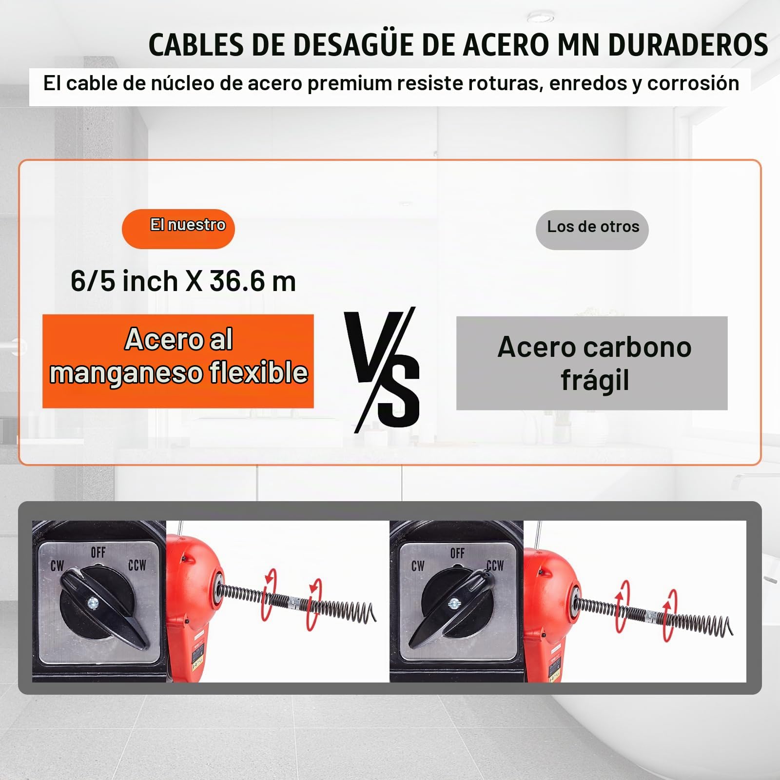 VEVOR Desbloqueador de Tuberías Eléctrico 1100 W Máquina de Limpieza de Tuberías 36,6 m x 3 cm Limpiador Manual de Tubos de Drenaje con 6 Cortadores, Control CW/CCW para Tuberías de 10-20,3 cm