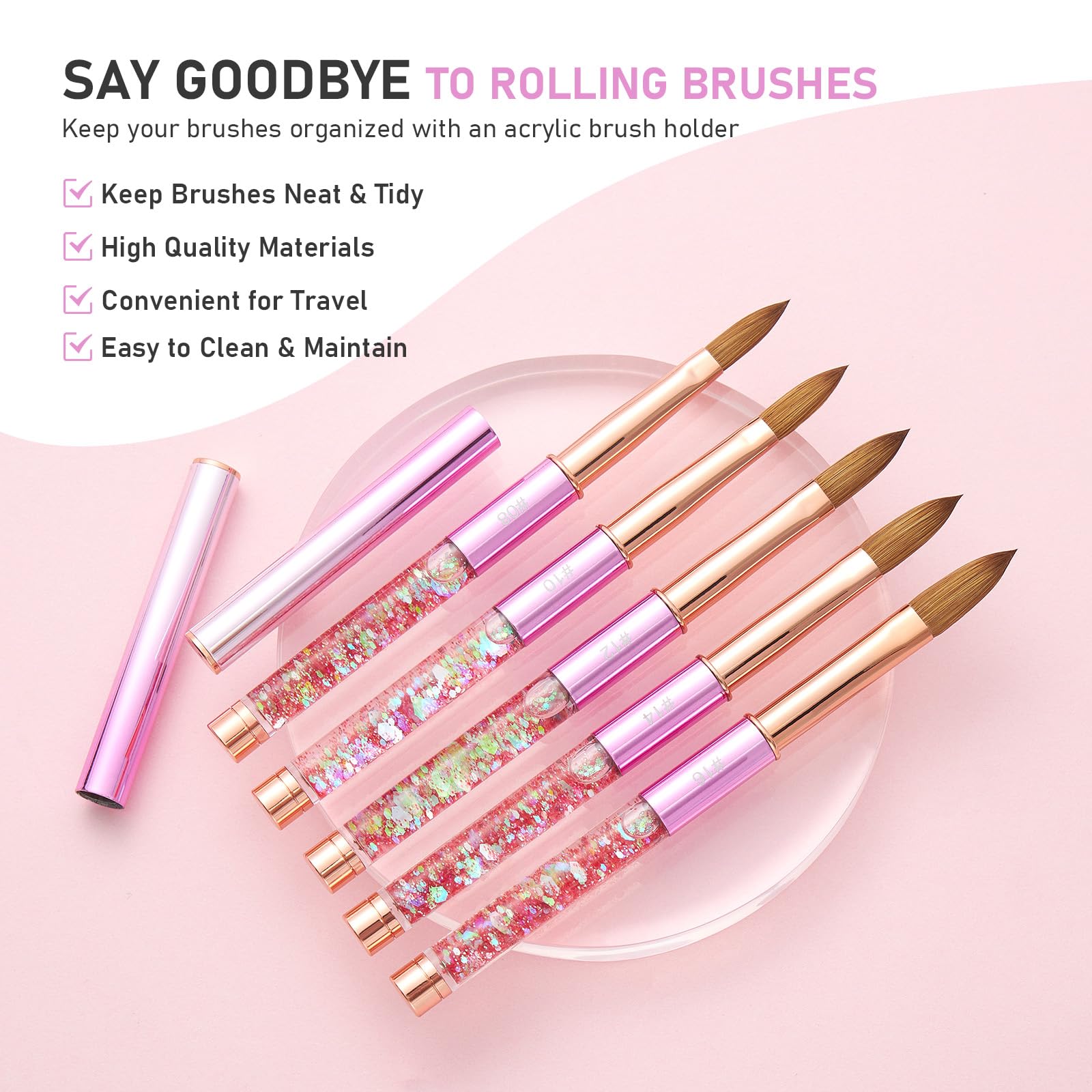 Kolinsky - Brocha profesional para uñas acrílicas, tamaño 14, 100% Kolinsky para aplicación, polvo, arte, bricolaje, salón de manicura en casa (rosa)