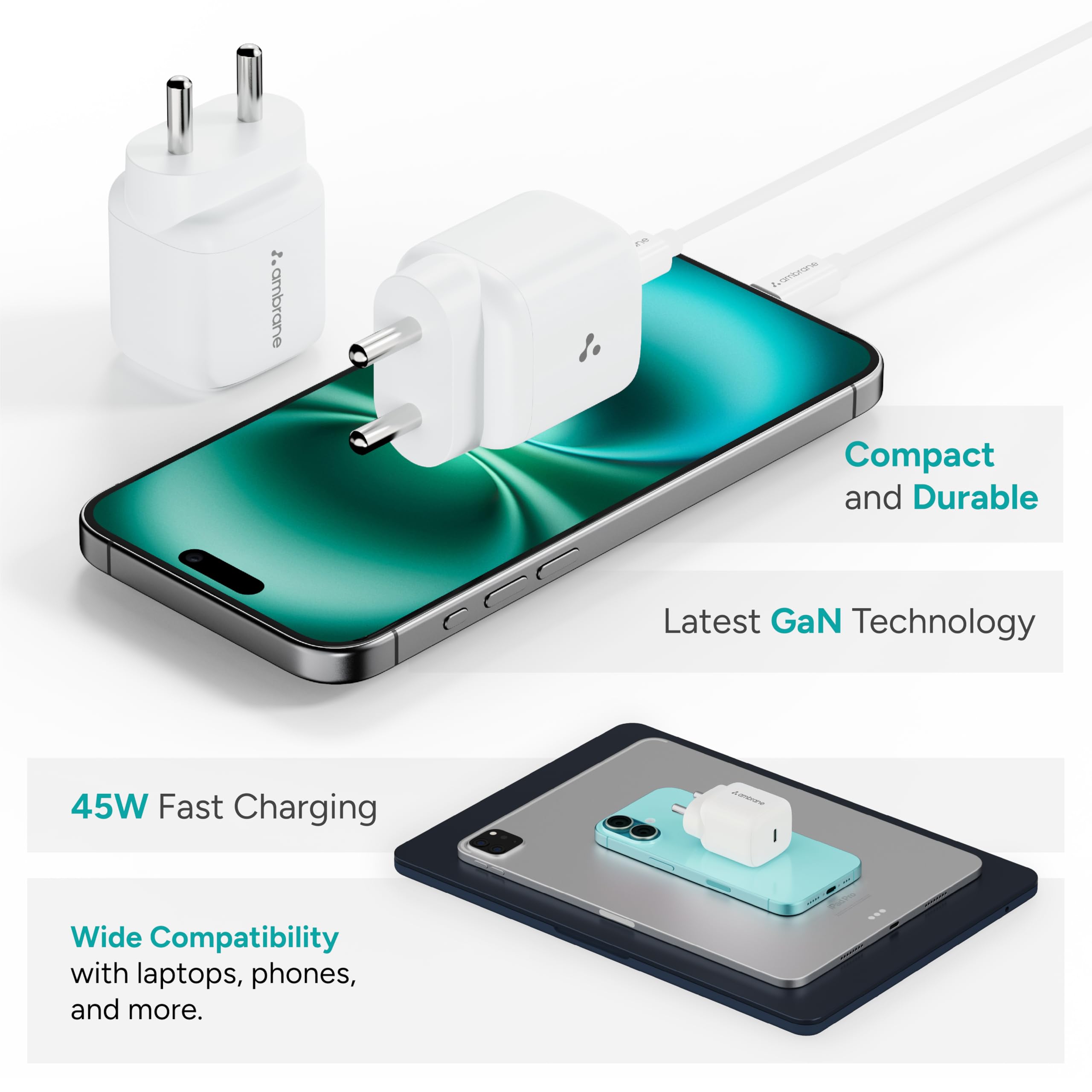 Ambrane 45W Fast Type C Charger Adapter for Mobiles & Type C Laptops, Small Size, GaN Charger, PD Technology, for iPhone, Samsung, MacBook, Android Mobiles, Type C Laptops, iPad (Charge i45, White) — Amazon image 2