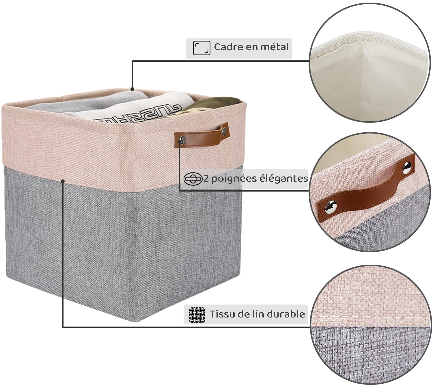 Mangata 25|28|30|33 cm Boite Rangement Tissu, 28x28x28 cm Cube Rangement, Lavable, Pliable, Lot de 3, Gris Rose