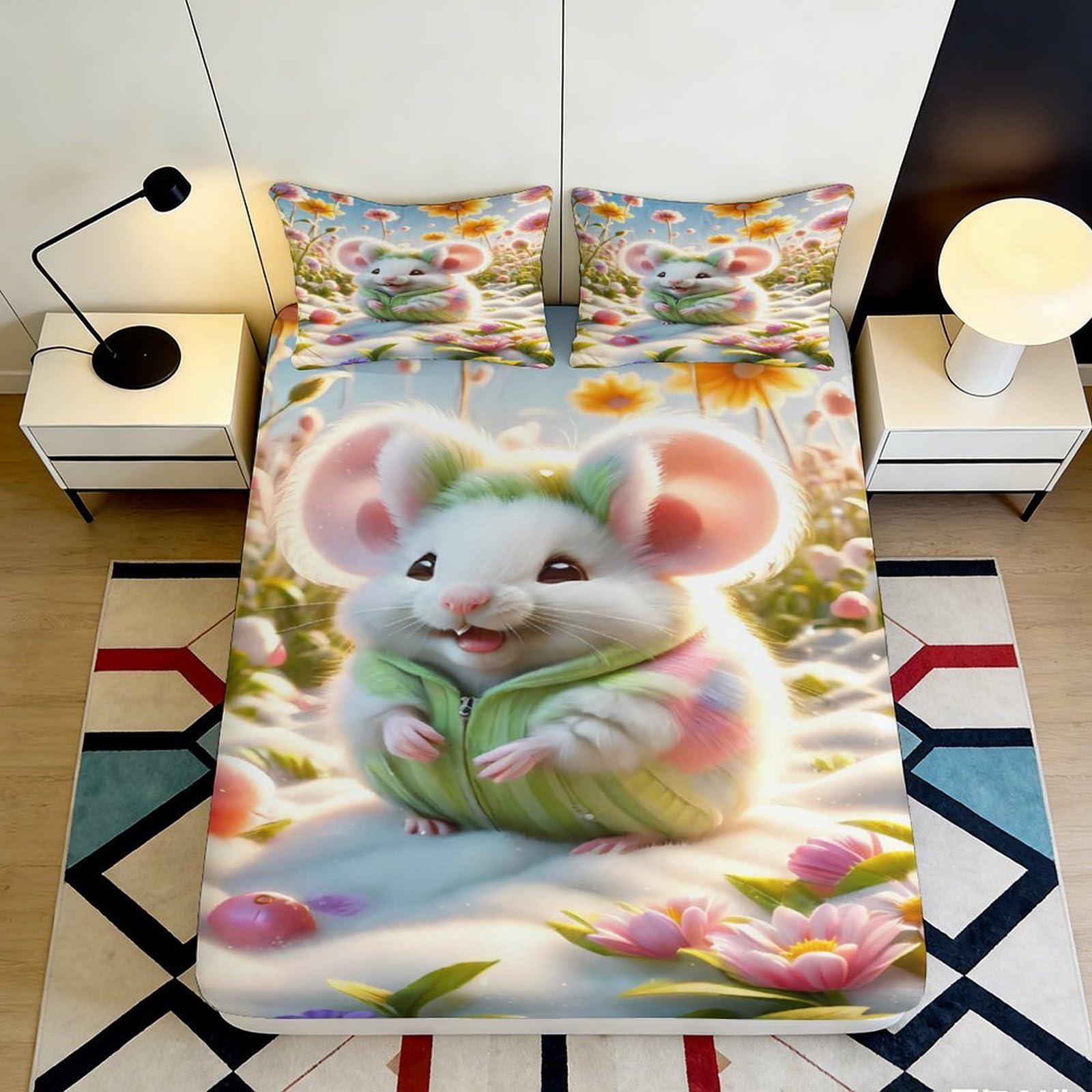 3D Printed Cute Mouse Fitted Sheet Microfiber Deep Pocket Non-Slip Bedroom Bedding Cartoon Mattress Fitted Cover for Adults Teens Washable 200x200x25cm