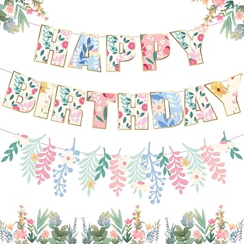 Wildflower Birthday Banner Garden Flower Happy Birthday Garland Floral Party Decorations for Girls Women Woodland Spring Wild One Birthday Baby Shower Decor Enchanted Garden Theme Wedding Tea Party