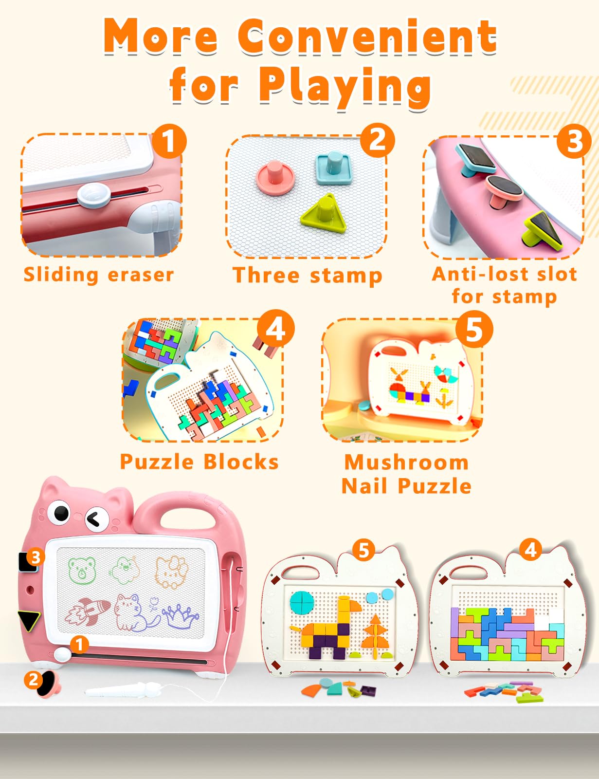 Magnetmaltafel Kinder 8.5 Inch, Zaubermaltafel Tragbar mit 4 Farbzonen, Zaubertafel ohne Staub für Kinder 1-6 Jahre, Mit Magnetstift & Bauklötze(Rosa)