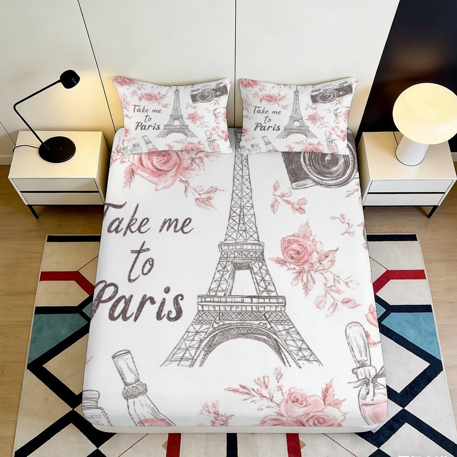 Jqzkxnhpbr Style-8 3D Printed Eiffel Tower Fitted Sheet Microfiber Soft Paris Letter Pattern Bed Cover For Bedroom Dorm Mattress Decor 90X200x25cm
