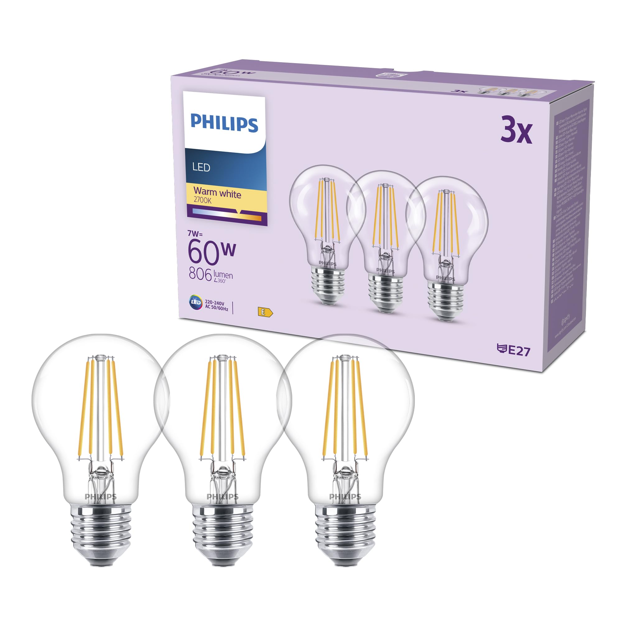 Philips Philips Classic A60 LED Bulb, 60 W, Clear, E27 Socket, Warm White 2700 K, 3 Pack