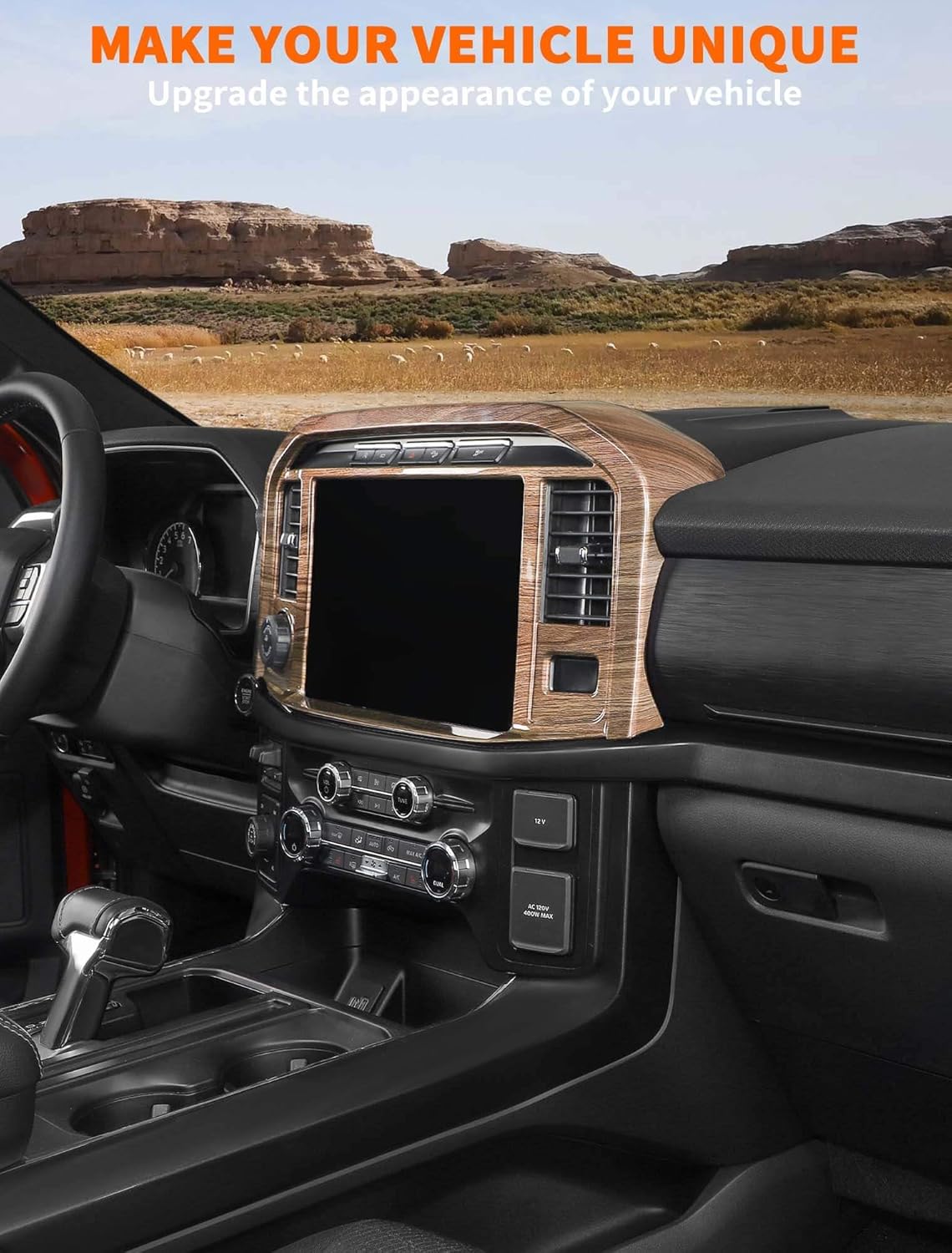Savadicar Wood Grain Interior Accessories - 12'' Display Screen (with Trailer Knob Cutout) Panel Trim Cover for Ford F150 (2021-present) - Premium Texture Interior Decor Upgrade Option, 1 PC
