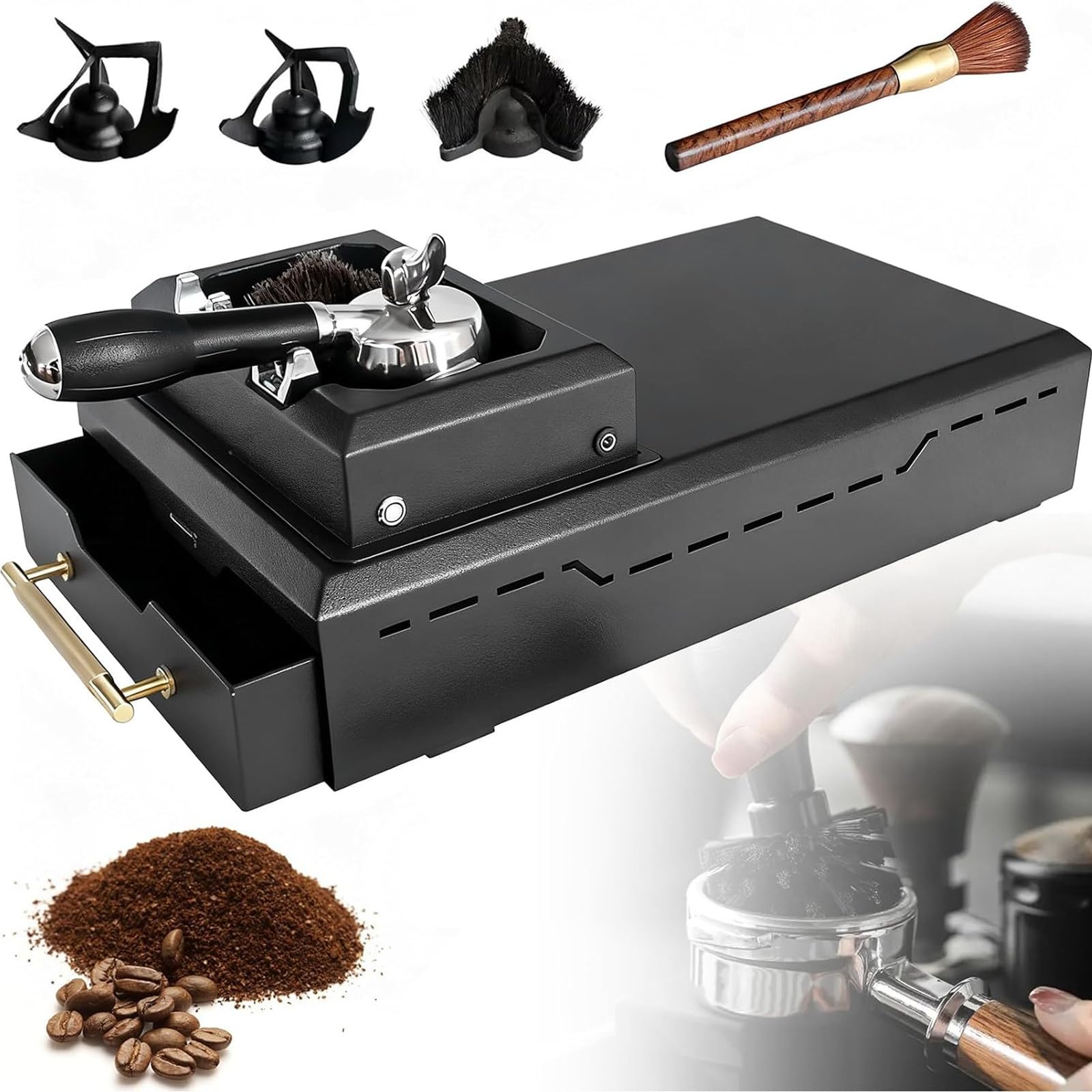 Limpiador eléctrico de portafiltros de café de 58 mm para máquinas Espresso, 300 RPM, con 2 raspadores y Cabezal de Cepillo; Limpiador Desmontable para Uso doméstico y Comercial.