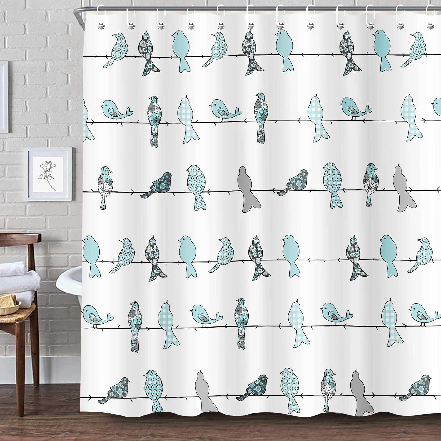 Cute Bird Shower Curtain, Fun for Bathroom, Teal Grey Birds Rustic Waterproof Fabric Set With Hooks 72 x 72 Inches