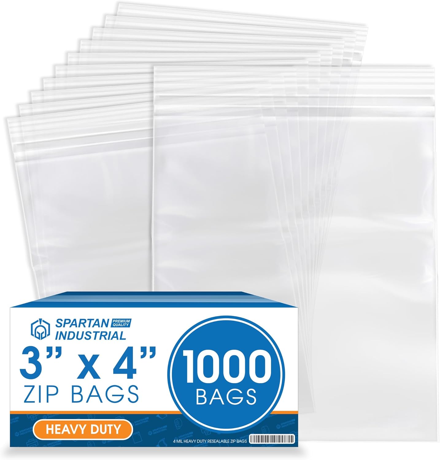 Spartan Industrial – 3” X 4” (1000 Count) 4 Mil Thick Clear Reclosable Zip Plastic Poly Bags with Resealable Lock Seal Zipper – Heavy Duty and Durable