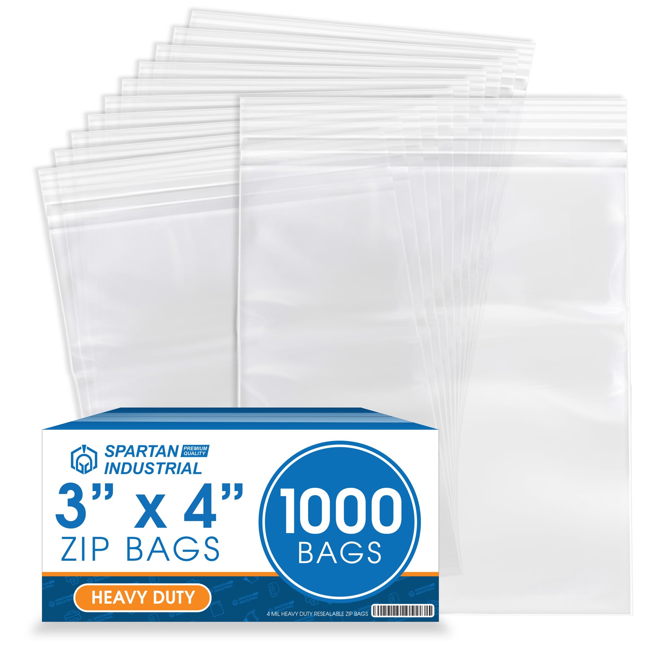 Spartan Industrial - 3” X 4” (1000 Count) 4 Mil Thick Clear Reclosable Zip Plastic Poly Bags with Resealable Lock Seal Zipper - Heavy Duty and Durable