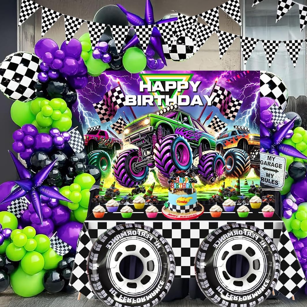 Monster Purple Green Truck Jam Birthday Party Decorations Kit Including Backdrop,Banner,Balloon Garland Arch, Tablecloth, Cake Toppers