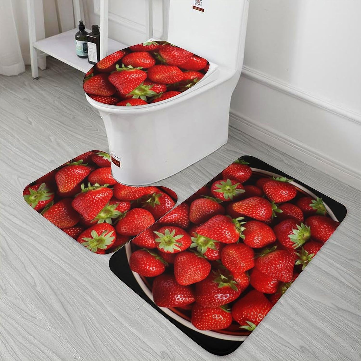 Anti-Skid Floor Mats 3 Piece Set,Strawberries in Bowl Printed Coral Fleece Bathroom Mats U-Shaped Contour Mat Toilet Seat Cover for Bathroom, Tub, Shower, Kitchen 19.7"x31.5"