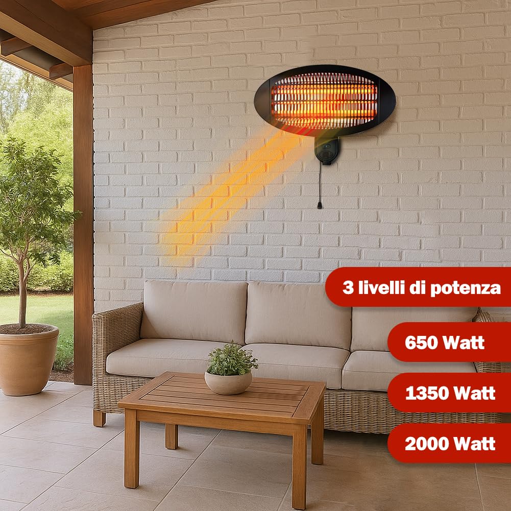 Stufa a Parete da Esterno e Interno 2000W con 3 Elementi Riscaldanti Basso Consumo Energetico per Patio Gazebo Bar Ristoranti Lampada Infrarossi Quarzo