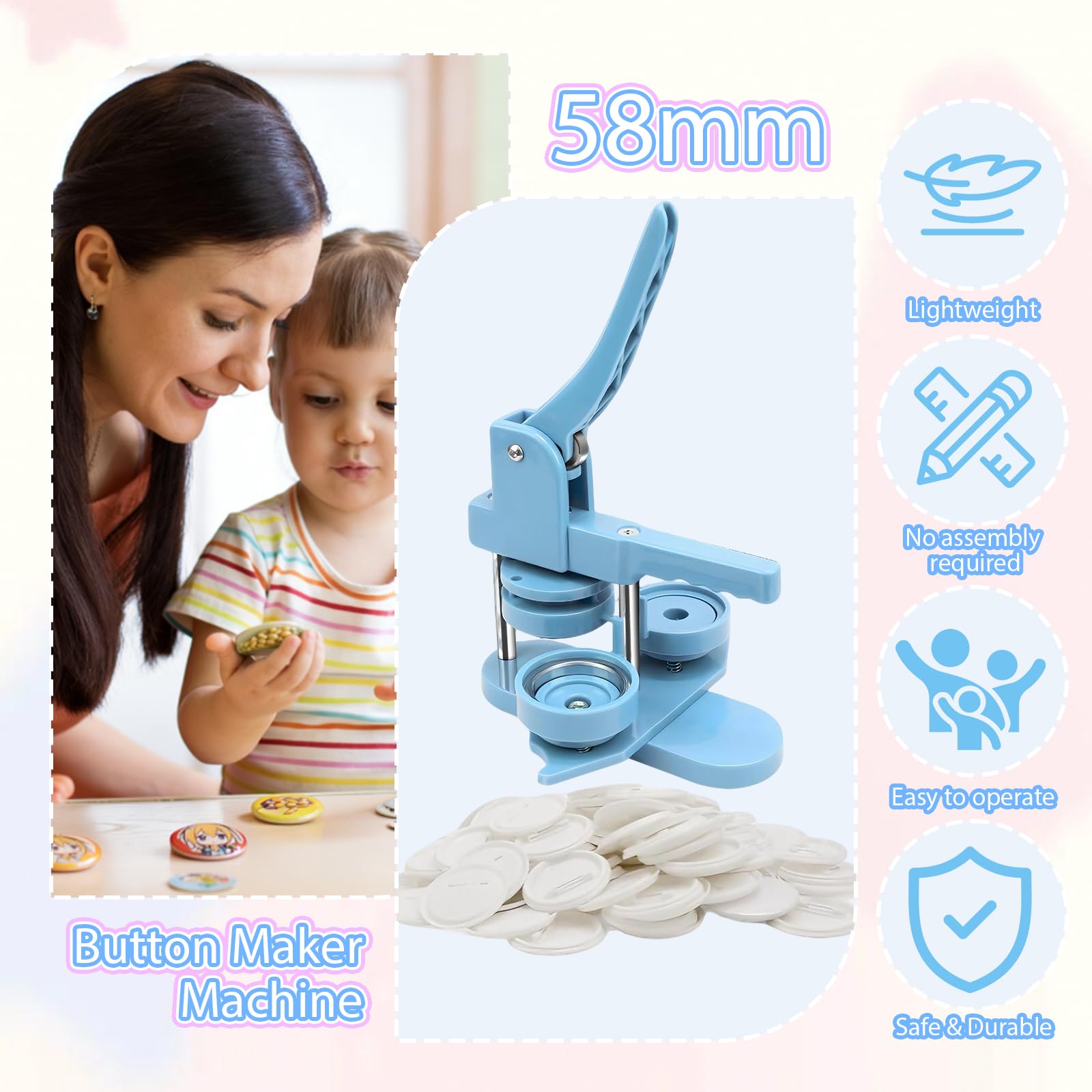 Macchina a bottone da 58 mm, con 100 accessori, taglierina circolare e tappetino da taglio