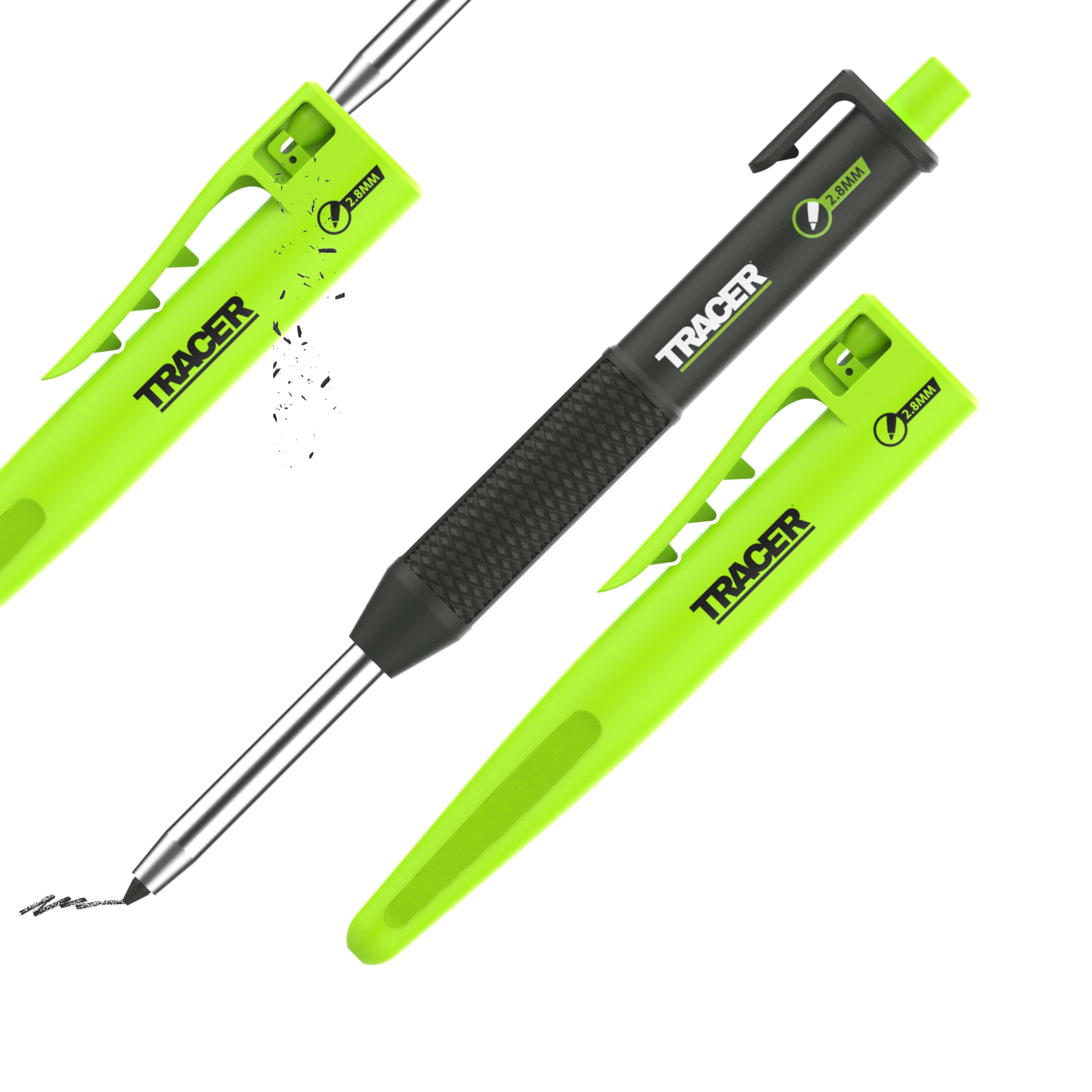 TRACER Pencil 2.0 - Deep Hole Carpenters Pencil with Site Holster – 2.8mm Precision Lead. Work Pencil for Builders, Joiners & Construction Marking