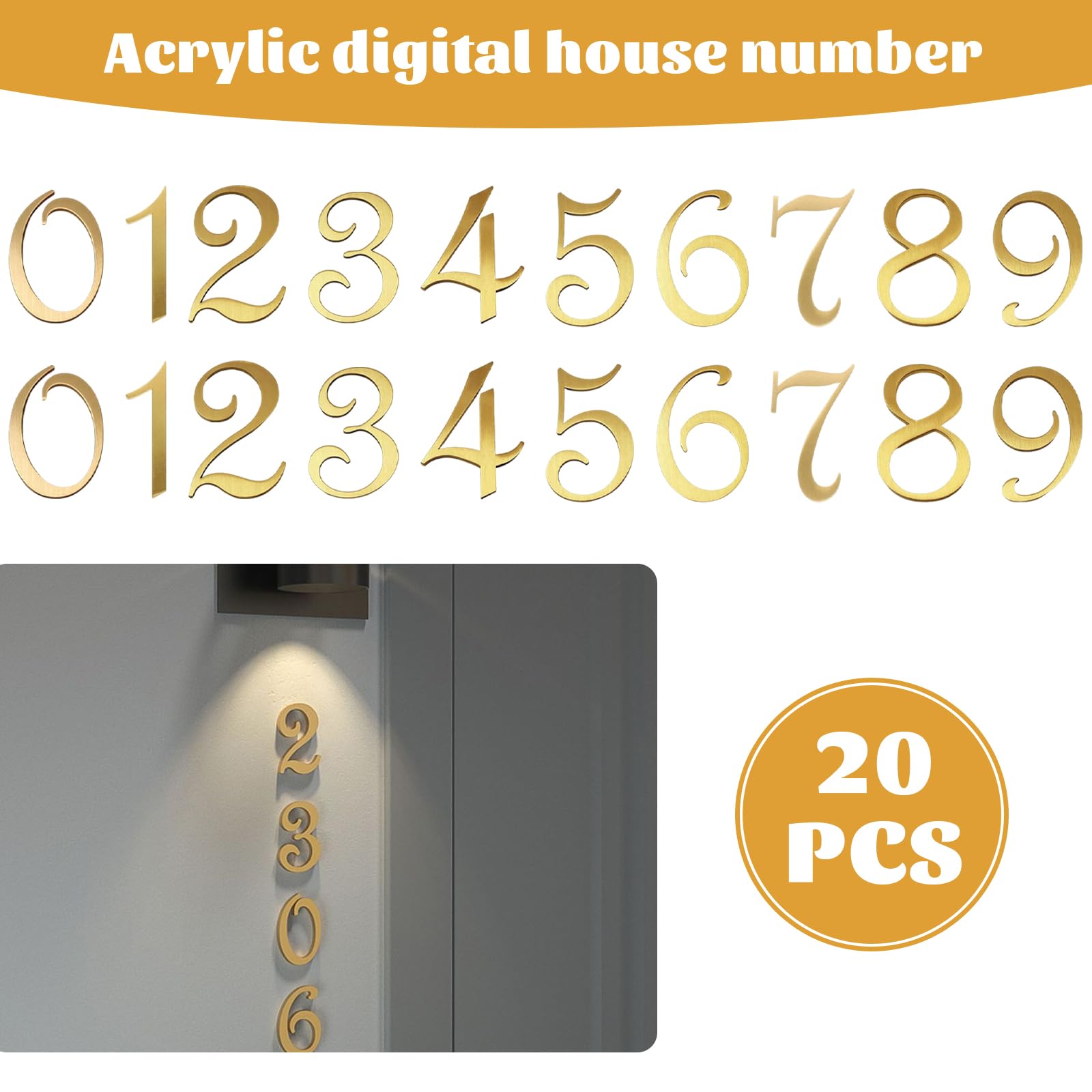 20 Pezzi Numeri Adesivi Numero Civico Esterno, Numeri 3D 5cm per Cassetta Postale 0-9, Creativi Adesivi Indirizzo Dorati per Porta, Adatti per Appartamento Casa e Ufficio