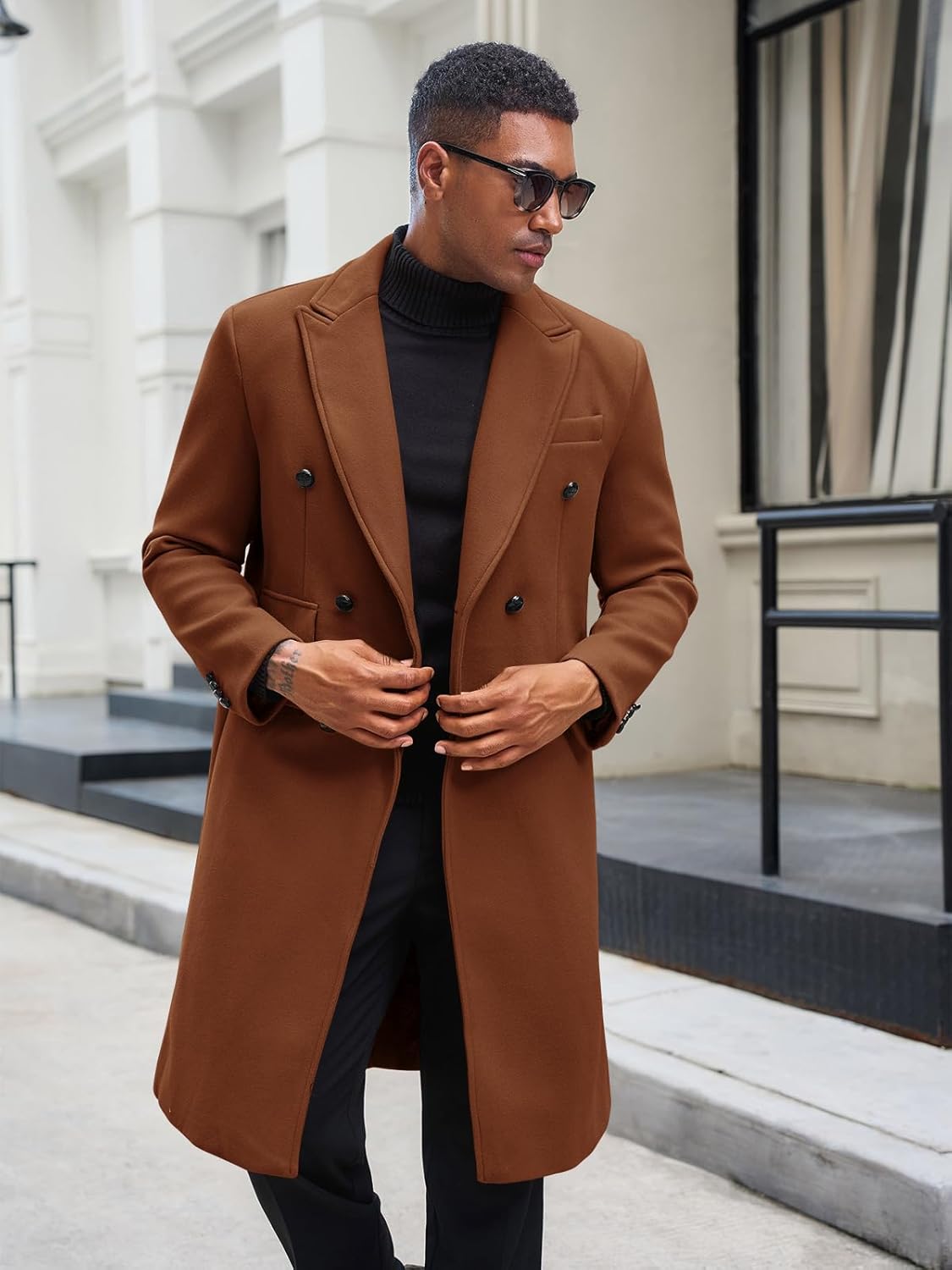 Yousify Mens Double Breasted Trench Coat Notched Lapel Mid Long Peacoat Winter Casual Business Overcoat - Image 3