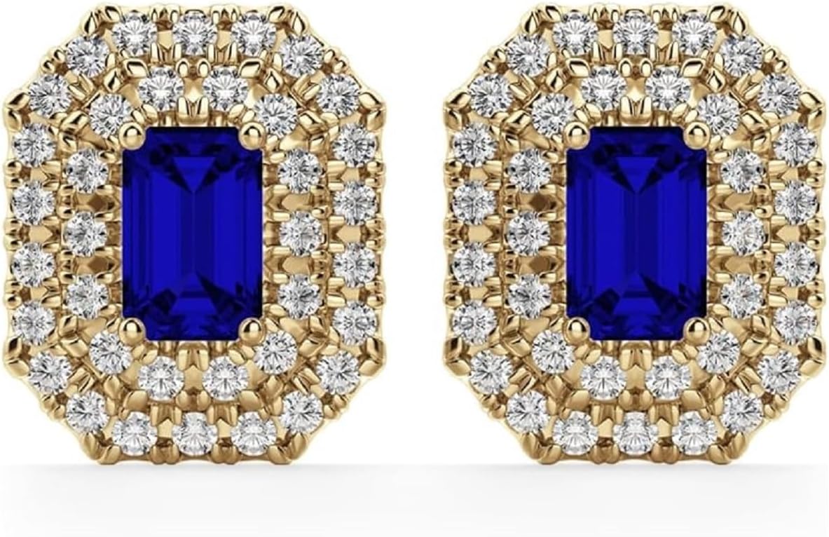 1Ct Emerald Cut Blue Sapphire & Round Cut Diamonds Stud Earrings 925 Sterling Silver 14K Gold Plated For Women's.