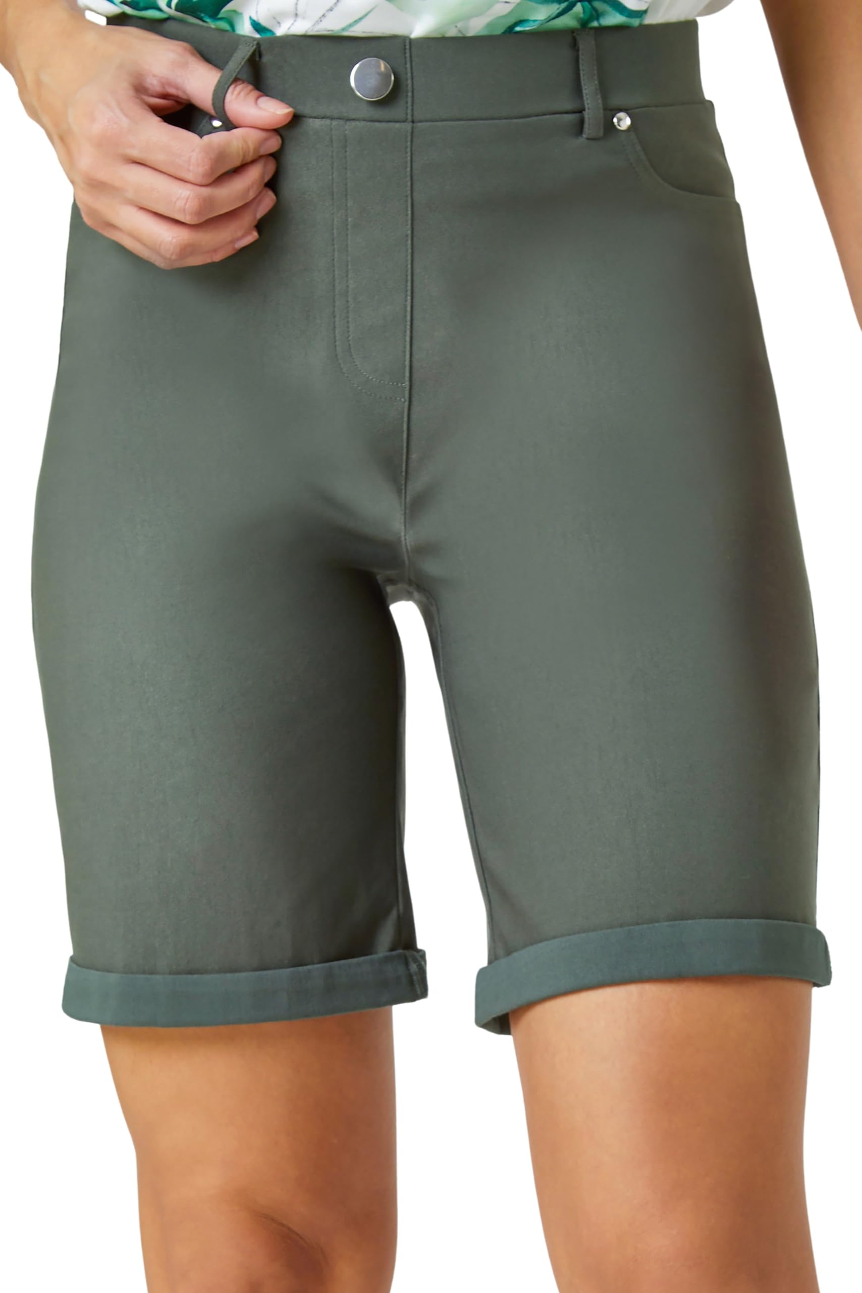 Roman Originals Women's Forest Stretch Shorts For Uk Pull On Turned Hem Cut Off Bengaline Mom Boyfriend Boy Denim Casual Cropped Pants Capri Slim Fit Turn Up Summer Crops Mother - Size 10