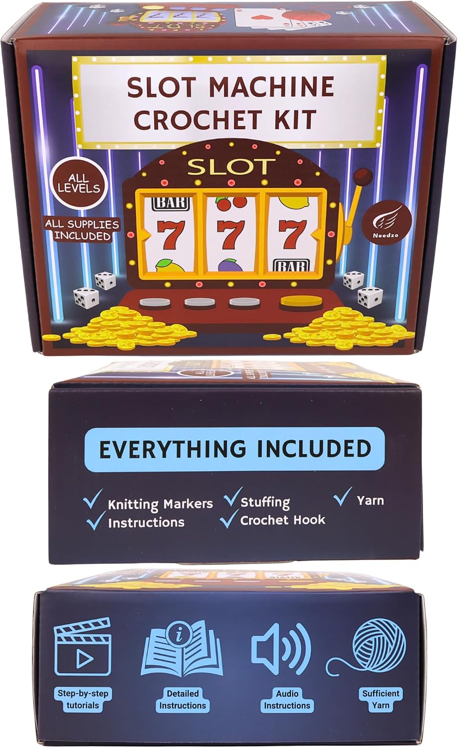 Needzo Slot Machine Crochet Kit, Amigurumi Craft Knitting Starter Set, Step-by-Step Video Tutorials and Printed Instructions
