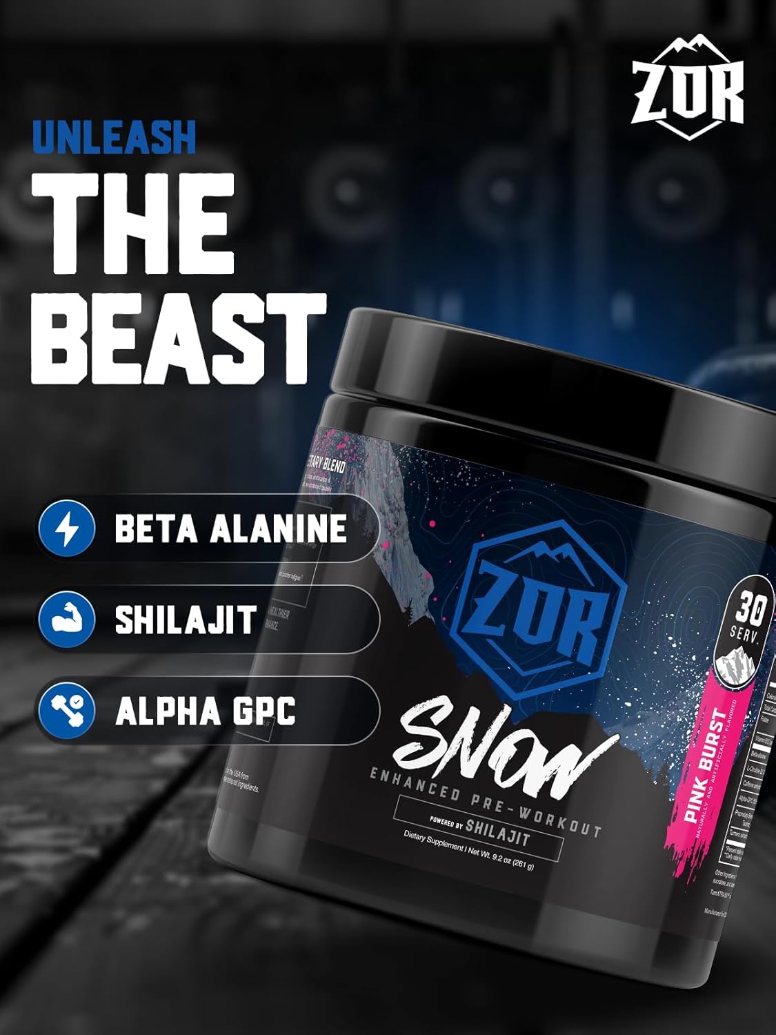 ZOR Snow Pre Workout Powder with Shilajit – Energy & Focus Formula with Beta-Alanine, Citrulline Malate, Alpha GPC & 269mg Caffeine, Sugarfree Preworkout for Men & Women – 30 Servings (Pink Burst)
