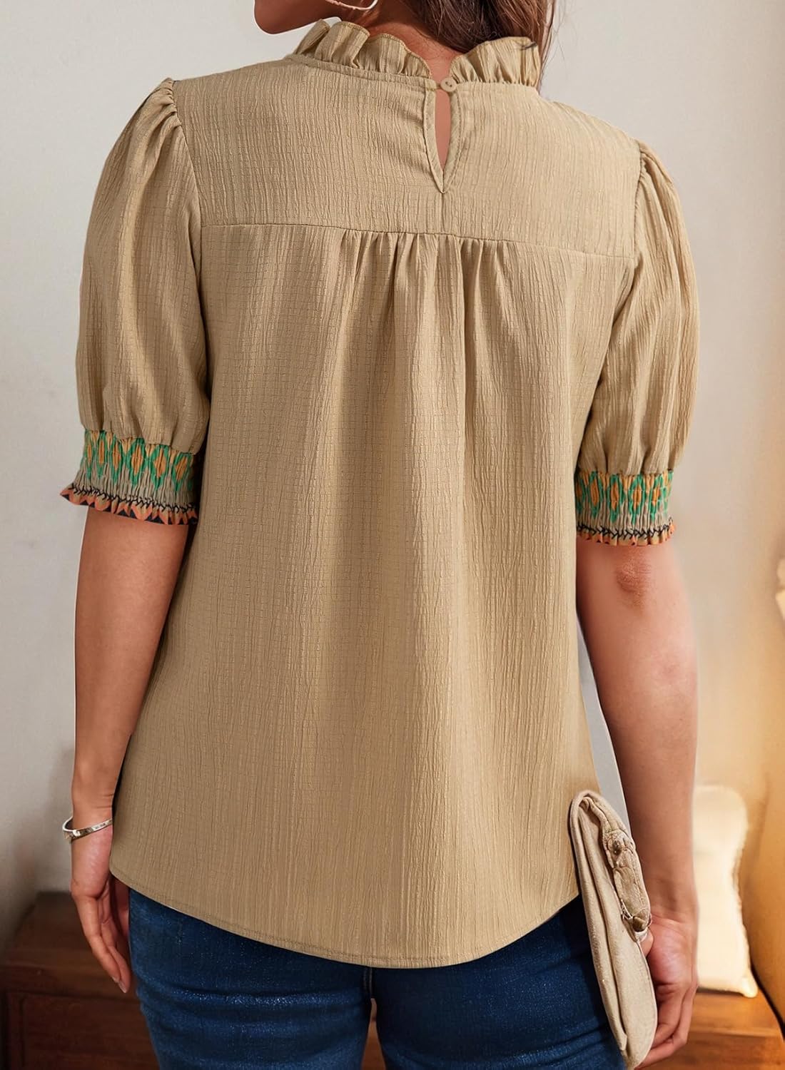 Dokotoo Summer Tops for Women Casual Crewneck Puff Short Sleeve Boho Pleated Shirts Embroidered Blouses Tunic - Image 5