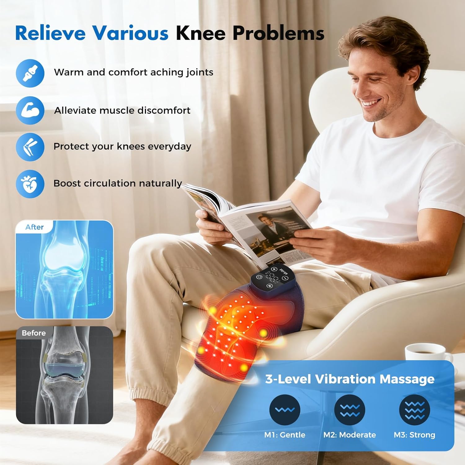 Red Light Therapy & Vibration Massage Knee Brace: Wireless Rechargeable, with 660nm&850nm Light & Heating Function – Relief for Knee, Joint, Elbow & Shoulder Pain, Promotes Faster Recovery - Image 3