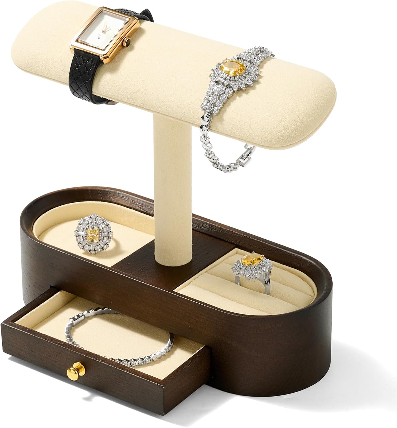 Oirlv Jewelry Organizer Display Stand, 2-in-1 Watch Holder with Hidden Drawer & Storage Tray, Solid Wood Jewelry Storage Rack, Beige