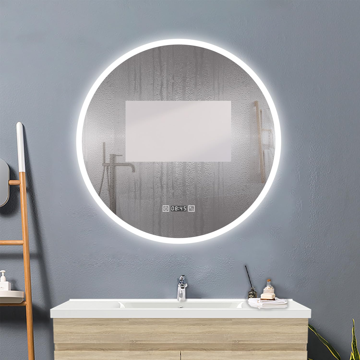 HAPAOSO Miroir Salle De Bain LED 90cm Round - Anti-Buée + Tactile + Lumière Blanche 6000K - IP44