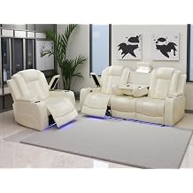 Creamy White Breathing Leather Power Reclining Sofa Couch Set, 2 PCS Living Room Furniture Set with LED Light, Power Recliner Sofa Chair with Charging Ports/Storage/Cup Holders for Home Theater/Office