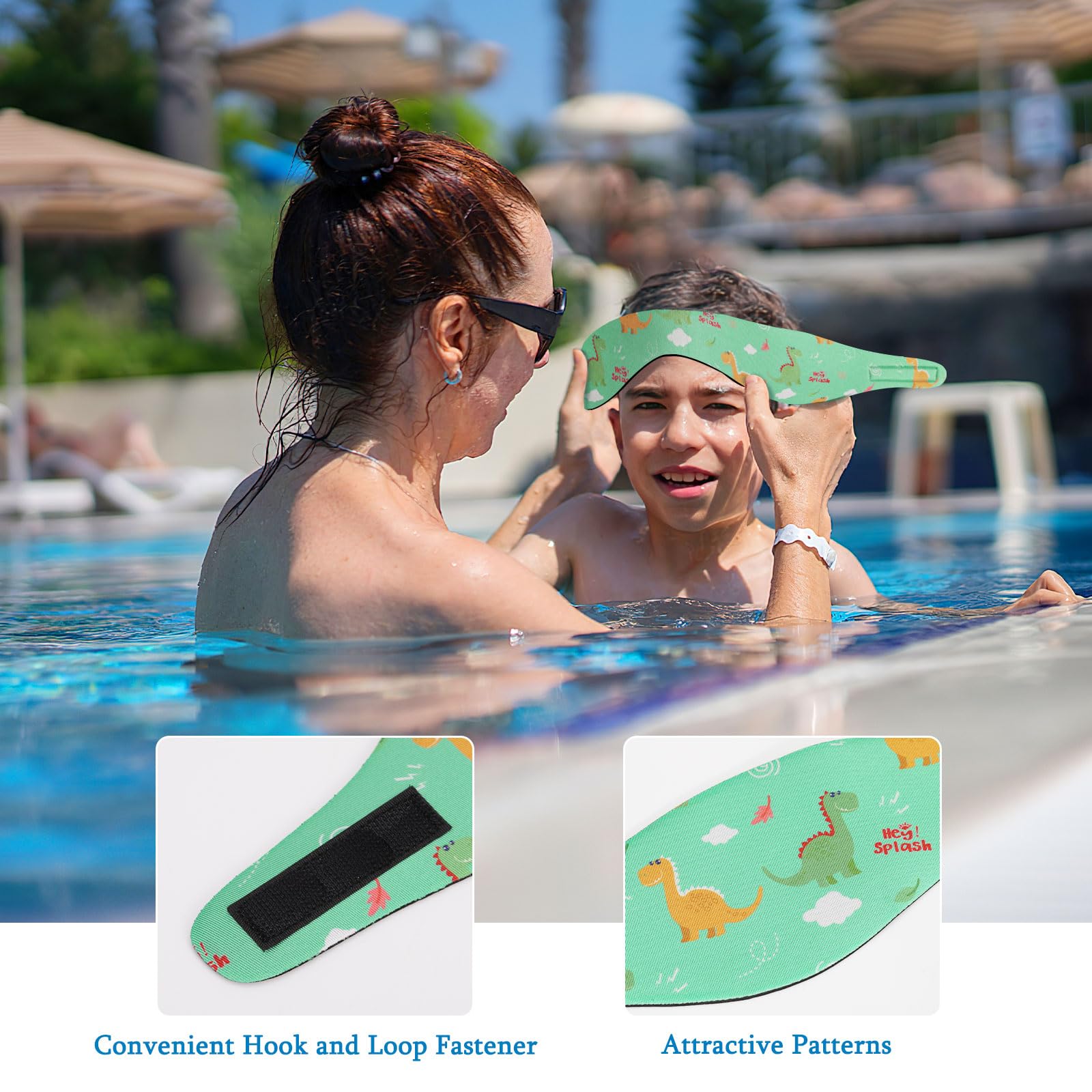 HeySplash Banda para Cabeza de Natación de Neopreno para Niños, Diadema de Oídos Ajustable y Antideslizante Buena Elasticidad para Surf Buceo Boga y Rafting, Talla M, Dinosaurio